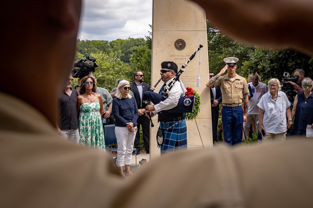U.S. Navy Diron Cundiff, nurse corps, Navy Medicine Readiness and Training Command Bethesda, plays a bagpipe during the fallen five memorial ceremony at the Wreath of Honor Fallen Five Memorial Park, Chattanooga, Tennessee, July 16th, 2025. The Wreath of Honor Fallen Five Memorial honors the loss of five U.S. service members tragically killed July 16th, 2015, in a terrorist attack in Chattanooga, today, marking the 10-year anniversary and the vivid memory of their sacrifice. (U.S. Marine Corps photo by Lance Cpl. Edward Spears)