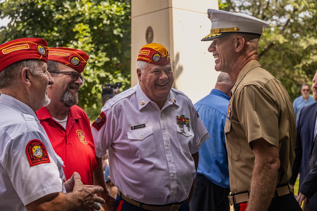 U.S. Marine Corps Brig. Gen. John Jarrard, right, commanding general, 4th Marine Division, Marine Forces Reserve, speaks to members of the Marine Corps League at the Wreath of Honor Fallen Five Memorial Park, Chattanooga, Tennessee, July 16th, 2025. The Wreath of Honor Fallen Five Memorial honors the loss of five U.S. service members tragically killed July 16th, 2015, in a terrorist attack in Chattanooga, today, marking the 10-year anniversary and the vivid memory of their sacrifice. (U.S. Marine Corps photo by Lance Cpl. Edward Spears)