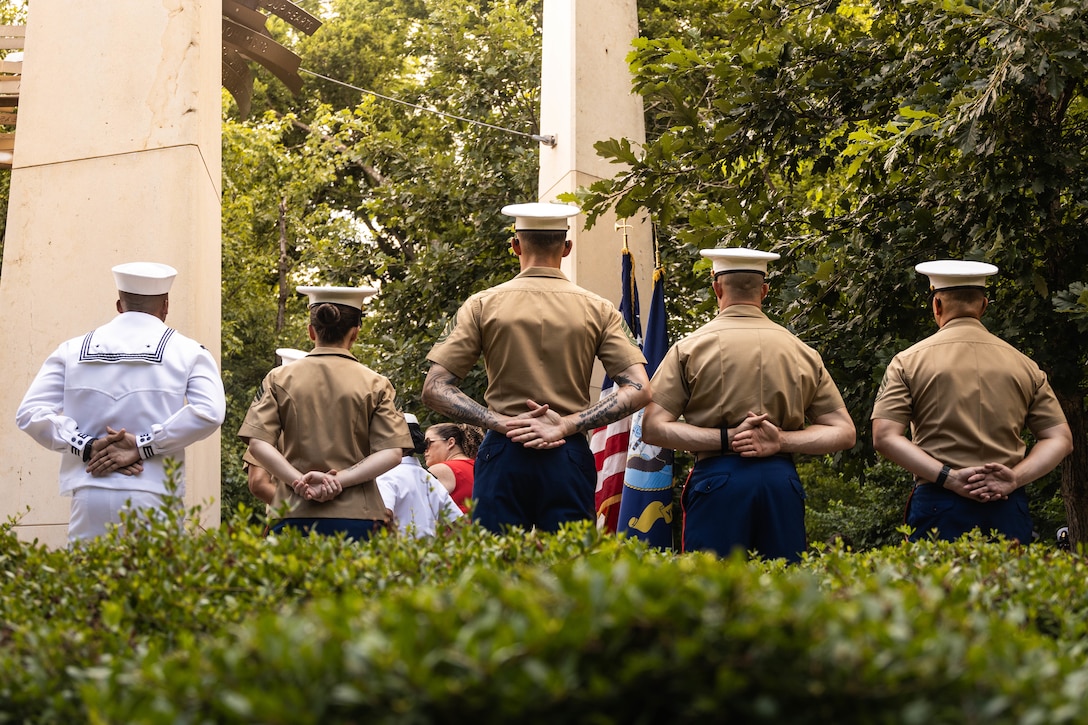 U.S. Marines and U.S. Navy Hospital Corpsman 1st Class Jordan Dotson, a senior medical department representative with Battery M, 3rd battalion, 14th Marines, 4th Marine Division, Marine Forces Reserve, awaits memorial wreath procedures during the fallen five memorial ceremony at the Wreath of Honor Fallen Five Memorial Park, Chattanooga, Tennessee, July 16th, 2025. The Wreath of Honor Fallen Five Memorial honors the loss of five U.S. service members tragically killed July 16th, 2015, in a terrorist attack in Chattanooga, today, marking the 10-year anniversary and the vivid memory of their sacrifice. (U.S. Marine Corps photo by Lance Cpl. Edward Spears)