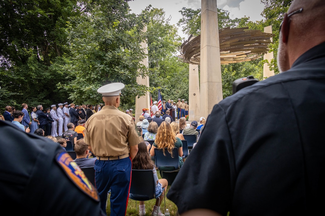 U.S. service members and civilians of Chattanooga gather during the fallen five memorial ceremony at the Wreath of Honor Fallen Five Memorial Park, Chattanooga, Tennessee, July 16th, 2025. The Wreath of Honor Fallen Five Memorial honors the loss of five U.S. service members tragically killed July 16th, 2015, in a terrorist attack in Chattanooga, today, marking the 10-year anniversary and the vivid memory of their sacrifice. (U.S. Marine Corps photo by Lance Cpl. Edward Spears)