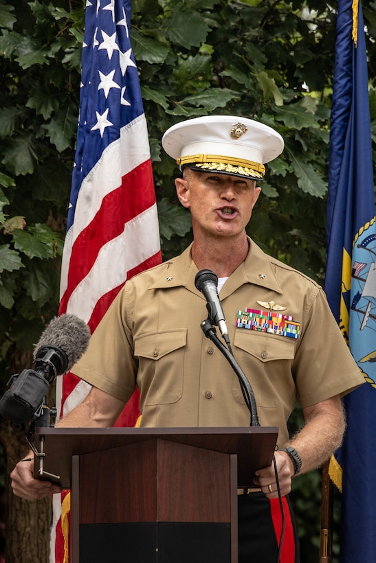 U.S. Marine Corps Brig. Gen. John Jarrard, right, commanding general, 4th Marine Division, Marine Forces Reserve, gives a speech during the fallen five memorial ceremony at the Wreath of Honor Fallen Five Memorial Park, Chattanooga, Tennessee, July 16th, 2025. The Wreath of Honor Fallen Five Memorial honors the loss of five U.S. service members tragically killed July 16th, 2015, in a terrorist attack in Chattanooga, today, marking the 10-year anniversary and the vivid memory of their sacrifice. (U.S. Marine Corps photo by Lance Cpl. Edward Spears)