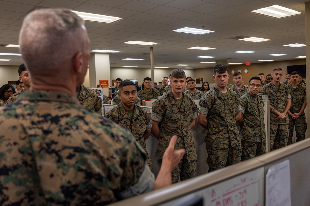 The 39th Commandant of the Marine Corps, Gen. Eric Smith, speaks with Installation Personnel Administration Center (IPAC) Marines at the Marine Corps Support Facility New Orleans about the importance of their mission to the overall success of Marine Forces Reserve and Marine Forces South July 17, 2025. Smith visited New Orleans to recognize the Marines and staff who dedicate their time and efforts to support the MARFORRES and MARFORSOUTH missions. (U.S. Marine Corps photo by Cpl. Aaron