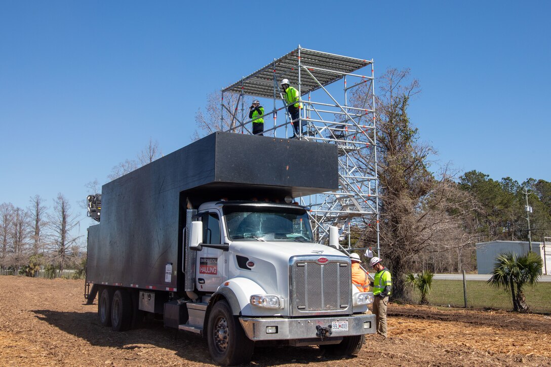 Debris from Hurricane Helene is brought from around Brooks County to the Langsdale TDSR for storage and reduction. The debris is measured as it arrives and measured once again as it leaves after being mulched. USACE Quality Assurance Inspectors work alongside the contractors to notate volume of debris as it enters and exits the TDSR. (U.S. Army photo by Makenzie Leonard)