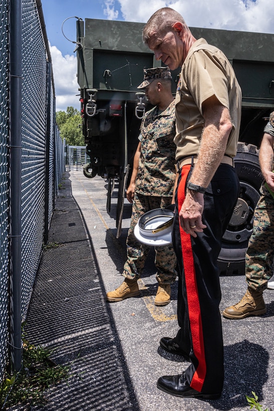 U.S. Marine Corps Brig. Gen. John Jarrard, right, commanding general, 4th Marine Division, Marine Forces Reserve, observes gunshots at the Navy Reserve Center Chattanooga, Chattanooga, Tennessee, July 16th, 2025. The NRC was the command of the fallen five who lost their life’s July 16th, 2015, in a terrorist attack in Chattanooga, today, marking the 10-year anniversary and the vivid memory of their sacrifice. (U.S. Marine Corps photo by Lance Cpl. Edward Spears)