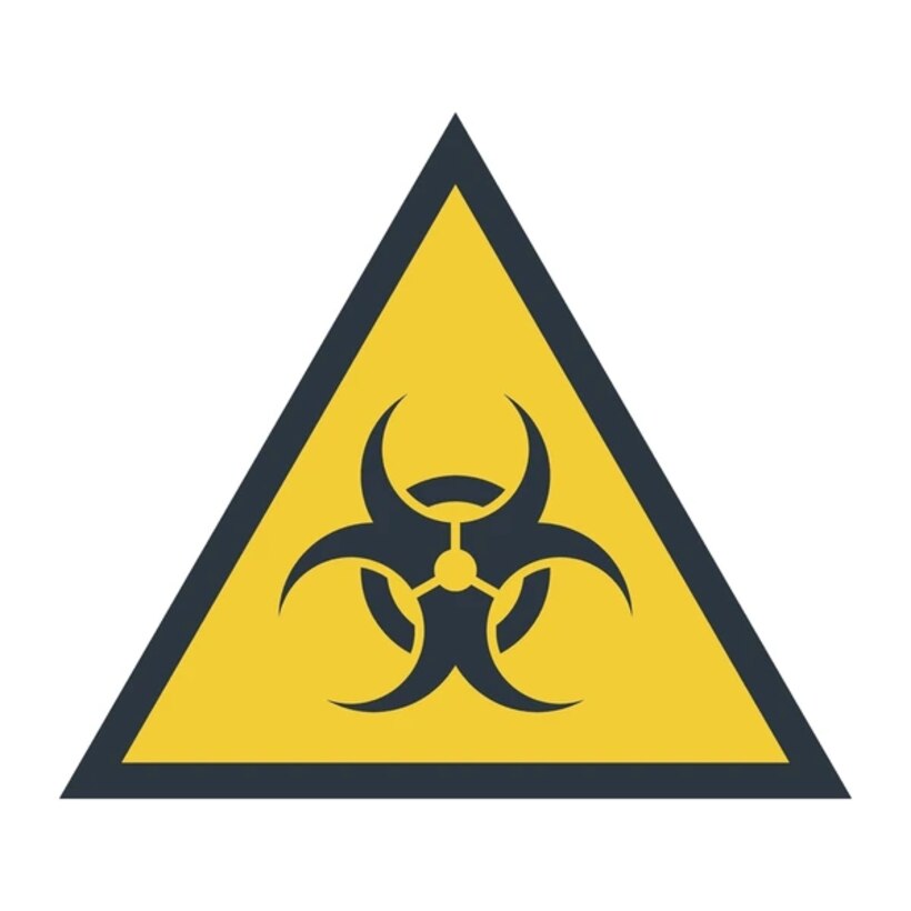Yellow triangular sign with a bold black border featuring a black biohazard symbol in the center, indicating the presence of biological hazards.