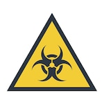 Yellow triangular sign with a bold black border featuring a black biohazard symbol in the center, indicating the presence of biological hazards.