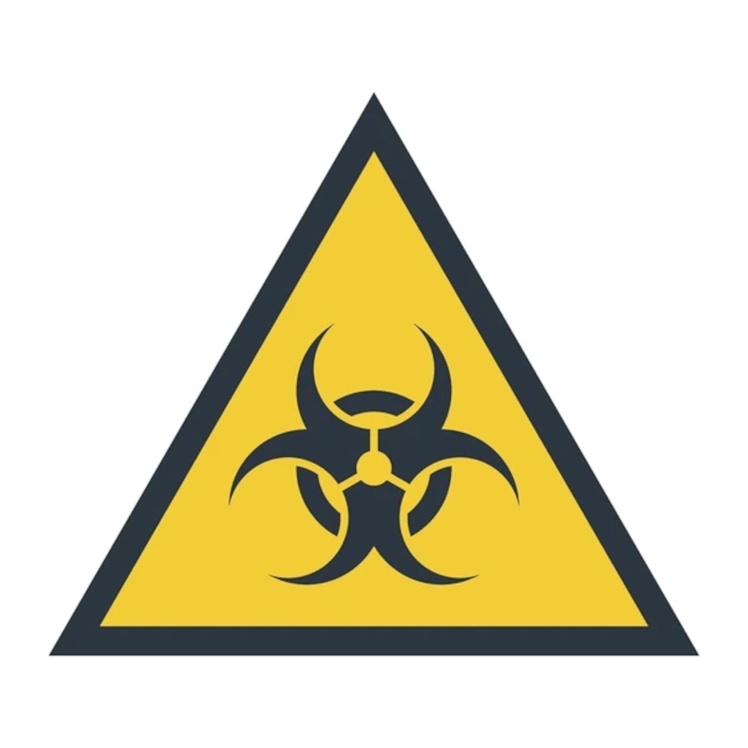 Yellow triangular sign with a bold black border featuring a black biohazard symbol in the center, indicating the presence of biological hazards.