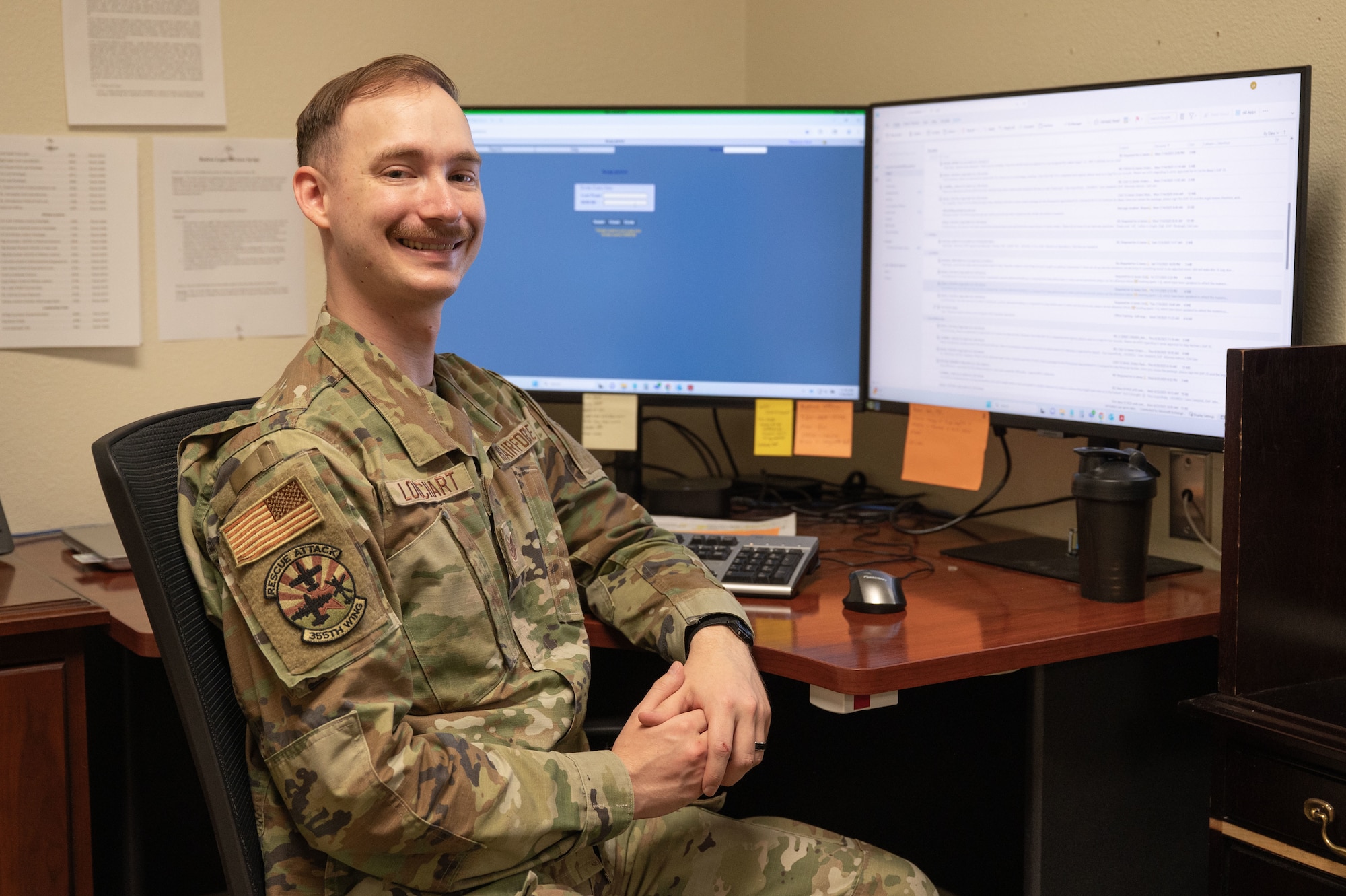 U.S. Air Force Tech. Sgt. Aaron Louchart, 355th Wing Office of the Staff Judge Advocate paralegal, poses for a photo at Davis-Monthan Air Force Base, Arizona, July 18, 2025. Louchart was responsible for doing legal research, interviewing clients, drafting documents and managing cases in areas like military justice, civil law and operational law. (U.S. Air Force photo by Airman Jaden Kidd)