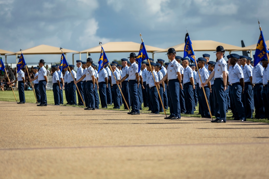 More than 800 Airmen assigned to Flights 470-486 march in the 737th Training Group’s graduation parade, at Joint Base San Antonio-Lackland, Texas, June 26, 2025. The ceremony is one of three graduation events for the Department of the Air Force Basic Military Training and signifies the transition from trainee to Airman. Colonel Billy R. Wilson Jr., Commander, 737th Training Group, Joint Base San Antonio-Lackland, Texas, was the reviewing official for the ceremony. The 37th Training Wing, known as “Gateway to the Air Force,” is home to BMT. (U.S. Air Force photo by Ismael Ortega)