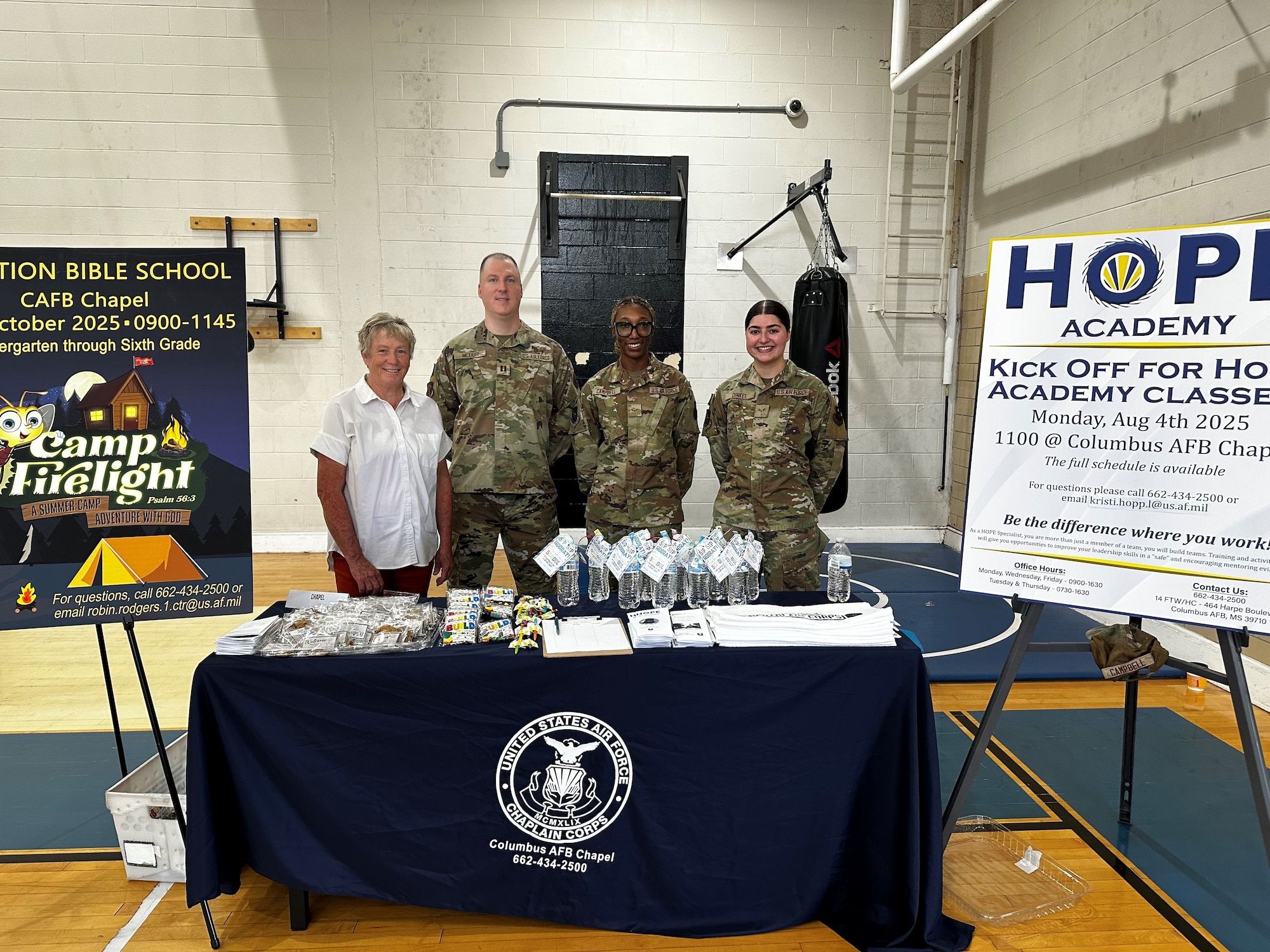 Members of the Chapel stand for a photo during the Team 14 Community Connections event at Columbus Air Force Base, Mississippi, July 16, 2025.