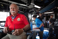 BATH, ME (July 15, 2025) – U.S. Marine Corps Col. (Ret.) Harvey C. Barnum Jr., a Medal of Honor recipient, sits on the bridge of the future USS Harvey C. Barnum Jr. (DDG 124) during sea trials. The ship is named in honor of Barnum, who received the Medal of Honor for valor during the Vietnam War. (U.S. Navy photo by Laura Lakeway)
