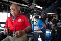 BATH, ME (July 15, 2025) – U.S. Marine Corps Col. (Ret.) Harvey C. Barnum Jr., a Medal of Honor recipient, sits on the bridge of the future USS Harvey C. Barnum Jr. (DDG 124) during sea trials. The ship is named in honor of Barnum, who received the Medal of Honor for valor during the Vietnam War. (U.S. Navy photo by Laura Lakeway)