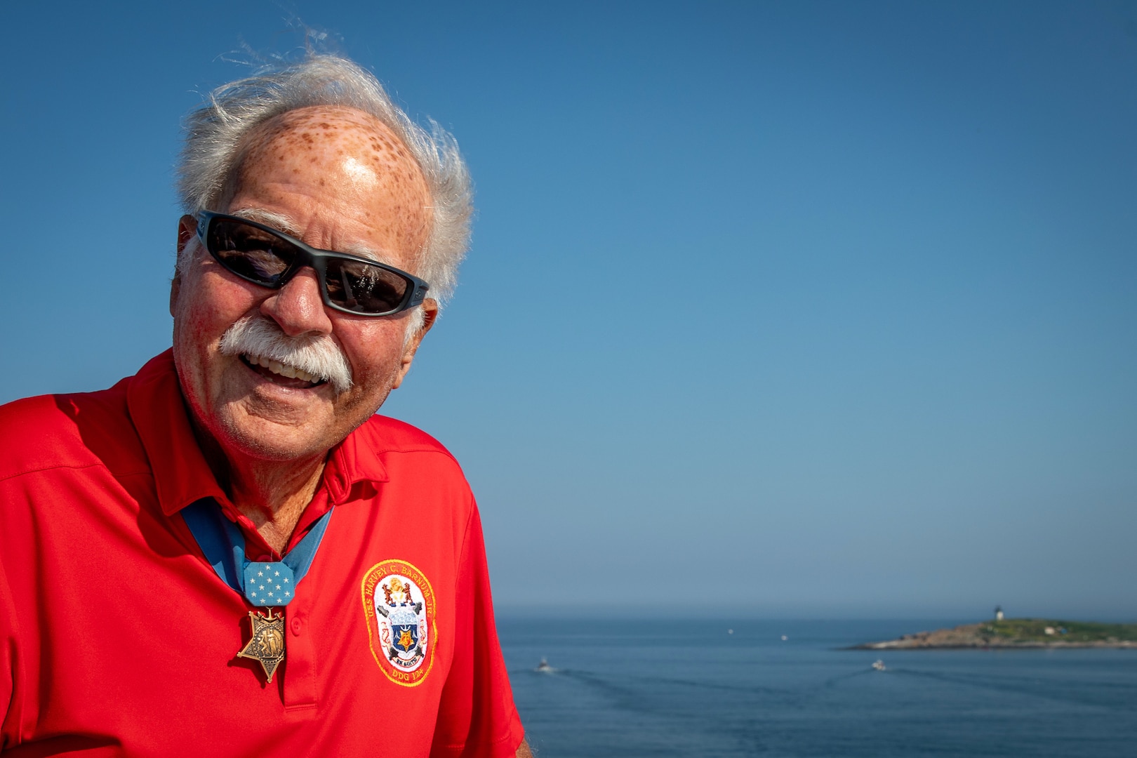 BATH, ME (July 15, 2025) – U.S. Marine Corps Col. (Ret.) Harvey C. Barnum Jr., a Medal of Honor recipient, aboard the future USS Harvey C. Barnum Jr. (DDG 124) during Alpha Trials. The ship is named in honor of Barnum, who received the Medal of Honor for valor during the Vietnam War. (U.S. Navy photo by Laura Lakeway)