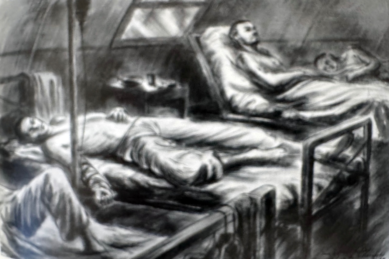A pencil sketch shows patients lying in hospital beds in a field hospital.