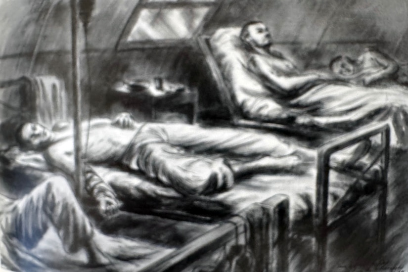 A pencil sketch shows patients lying in hospital beds in a field hospital.