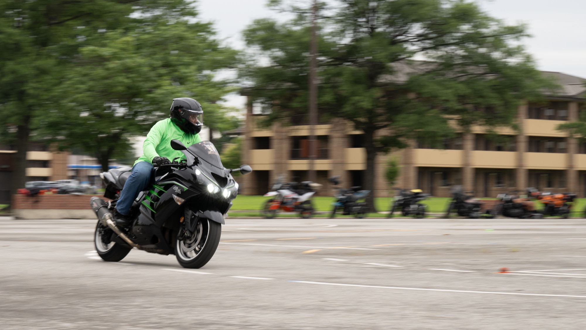 Daryl Bagley, Air Force District of Washington senior Motorcycle Safety Foundations rider coach, demonstrates a Basic RiderCourse 2 drill at Joint Base Andrews, Md., July 21, 2025.