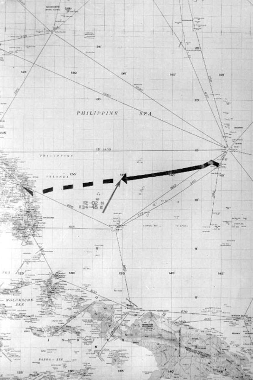 A chart shows the course of a ship in the Southwest Pacific.
