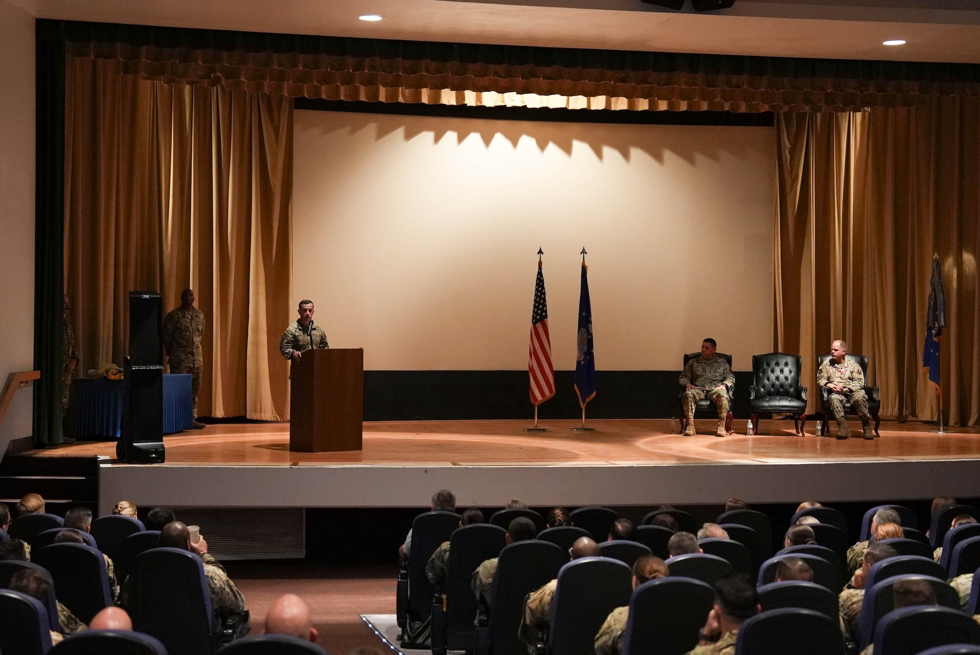 U.S. Air Force Chief Master Sgt. Thomas Gunnell, incoming 27th Special Operations Wing command chief, delivers remarks during a change of responsibility ceremony at Cannon Air Force Base, New Mexico, July 21, 2025. Gunnell expressed his appreciation for the opportunity to serve as the wing’s command chief, stressing the importance of being ready when the call comes. (U.S. Air Force photo by Staff Sgt. Kevin Williams)