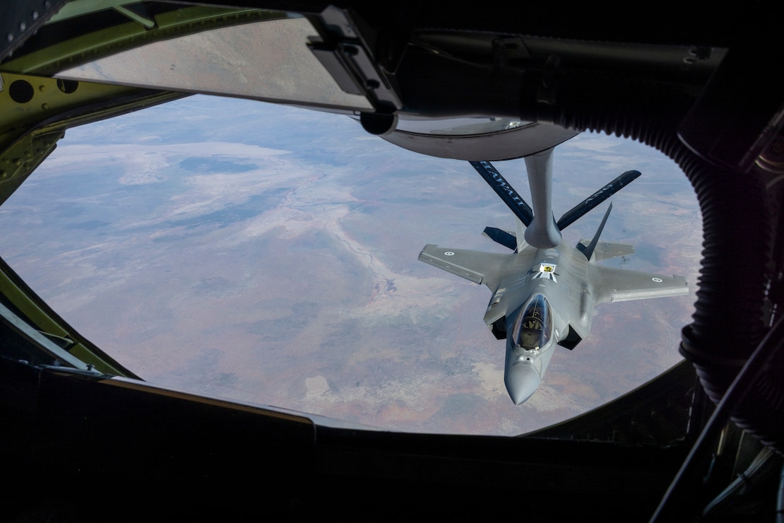A U.S. Air Force KC-135 Stratotanker from the 203rd Air Refueling Squadron, Hawaii Air National Guard, refuels an Australian F-35A Lightning II during Exercise Talisman Sabre 25 over Northern Territory, Australia, July 16, 2025.