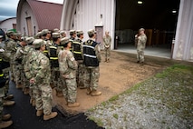 U.S. Airmen assigned to the 51st Mission Support Group brief members of the Korean Service Corps Battalion during a bilateral logistics and transportation training event at Osan Air Base, Republic of Korea, July 17, 2025.