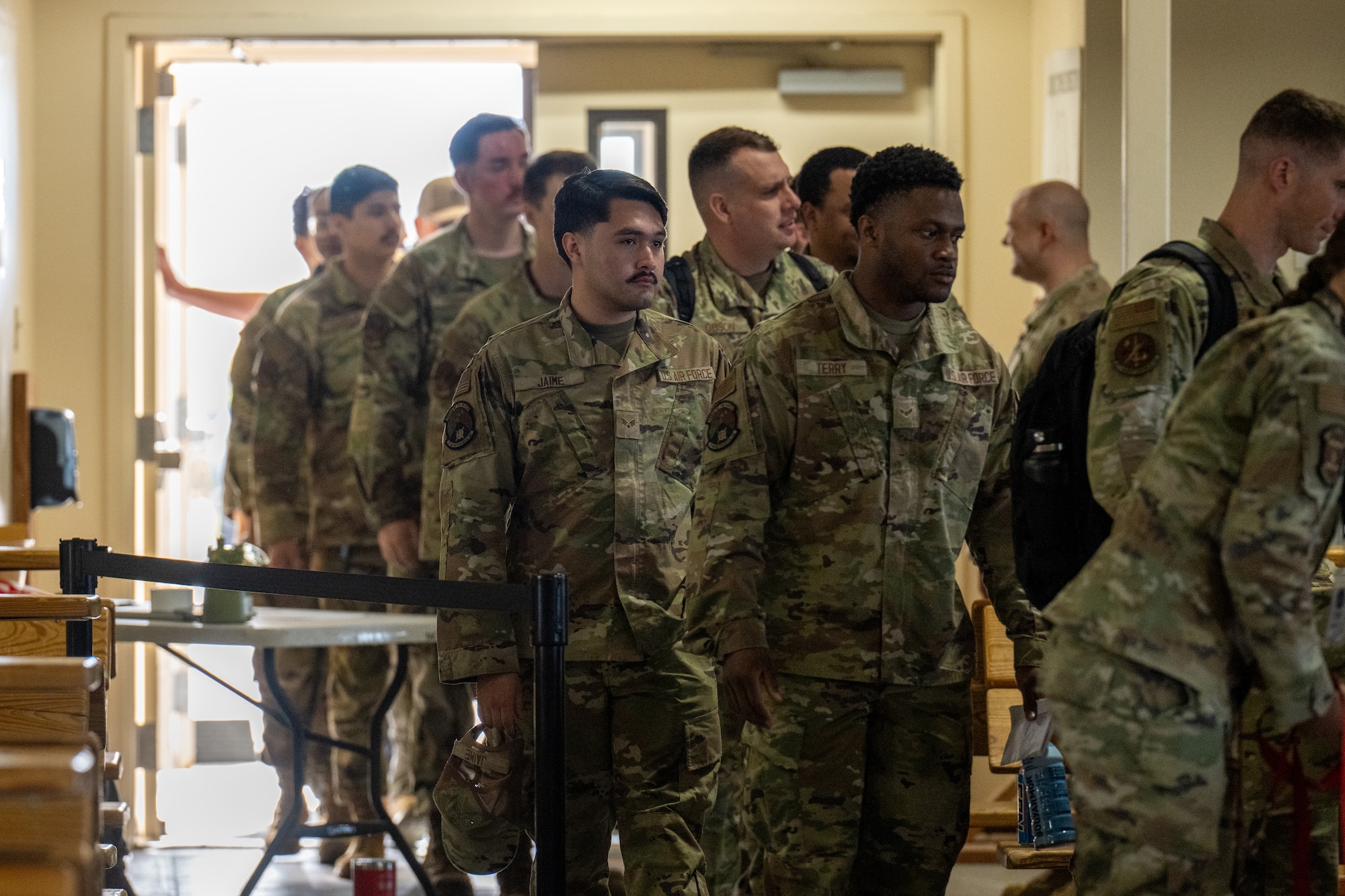 U.S. Air Force Airmen assigned to 3rd Maintenance Squadron, at Joint Base Elmendorf-Richardson, Alaska, process through a personnel deployment function line to support exercise Resolute Force Pacific 2025, at Joint Base Elmendorf-Richardson, Alaska, July 11, 2025