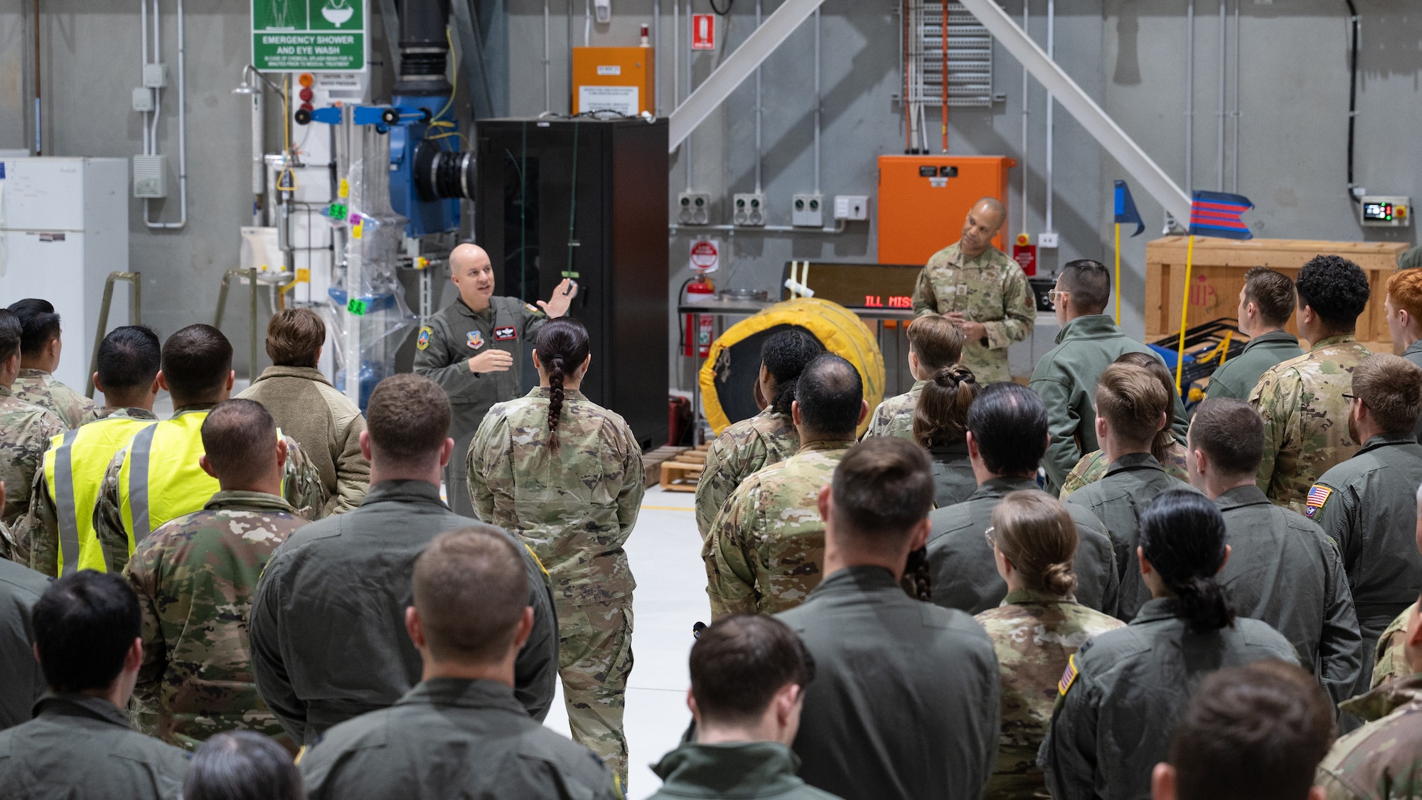Col. Gray speaks to Airmen during an all call about exercise Talon Shield.