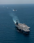 The world's largest aircraft carrier, USS Gerald R. Ford (CVN 78), Spanish Navy Santa Maria-class frigate ESPS Canarias (F86), fast combat support ship USNS Supply (T-AOE 6), and Arleigh Burke-class guided-missile destroyer USS Winston S. Churchill (DDG 81), transit the Strait of Gibraltar, July 17, 2025. Gerald R. Ford, a first-in-class aircraft carrier and deployed flagship of Carrier Strike Group Twelve, is on a scheduled deployment in the U.S. 6th Fleet area of operations to support the warfighting effectiveness, lethality, and readiness of U.S. Naval Forces Europe-Africa, and defend U.S., Allied and partner interests in the region. (U.S. Navy photo by Mass Communication Specialist 2nd Class Jacob Mattingly)