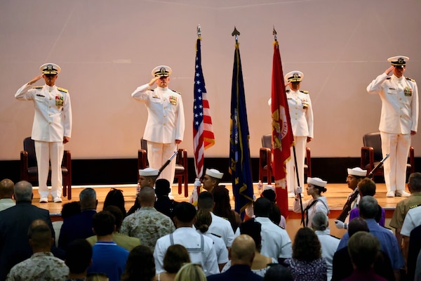 Navy Medicine Readiness and Training Command (NMRTC) Twentynine Palms marks a historic transition of leadership during a Change of Command and Retirement Ceremony held July 18, 2025, at the Marine Corps Air Ground Combat Center (MCAGCC) Theater. Capt. Janiese Cleckley relieved Capt. Daniel Clark as commanding officer of NMRTC Twentynine Palms and director of Naval Hospital Twentynine Palms. The event also included a retirement ceremony, as the command honored Clark’s 29 years of distinguished service in Navy Medicine (U.S. Navy photo by Christopher C. Jones, NHTP/NMRTC Twentynine Palms public affairs officer).