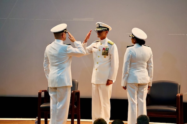 Navy Medicine Readiness and Training Command (NMRTC) Twentynine Palms marks a historic transition of leadership during a Change of Command and Retirement Ceremony held July 18, 2025, at the Marine Corps Air Ground Combat Center (MCAGCC) Theater. Capt. Janiese Cleckley relieved Capt. Daniel Clark as commanding officer of NMRTC Twentynine Palms and director of Naval Hospital Twentynine Palms. The event also included a retirement ceremony, as the command honored Clark’s 29 years of distinguished service in Navy Medicine (U.S. Navy photo by Christopher C. Jones, NHTP/NMRTC Twentynine Palms public affairs officer).