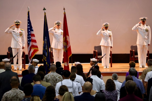 Navy Medicine Readiness and Training Command (NMRTC) Twentynine Palms marks a historic transition of leadership during a Change of Command and Retirement Ceremony held July 18, 2025, at the Marine Corps Air Ground Combat Center (MCAGCC) Theater. Capt. Janiese Cleckley relieved Capt. Daniel Clark as commanding officer of NMRTC Twentynine Palms and director of Naval Hospital Twentynine Palms. The event also included a retirement ceremony, as the command honored Clark’s 29 years of distinguished service in Navy Medicine (U.S. Navy photo by Christopher C. Jones, NHTP/NMRTC Twentynine Palms public affairs officer).