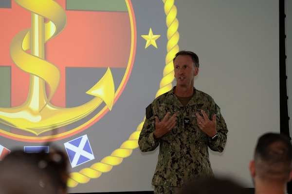 FORT LAUDERDALE, Fla. (July 12, 2025) Capt.Mark Douglas, dermatologist, Navy Medicine Readiness and Training Command Jacksonville, speaks to participants during the “Top Doc” event at Nova Southeastern University’s Fort Lauderdale campus. Navy Medicine and Navy Recruiting Command partnered with NSU to launch “Top Doc”, a national initiative connecting local medical professionals, educators, and students while highlighting Navy Medicine’s capabilities and career opportunities. (U.S. Navy Photo by Mass Communication Specialist 1st Class Natalia Murillo)