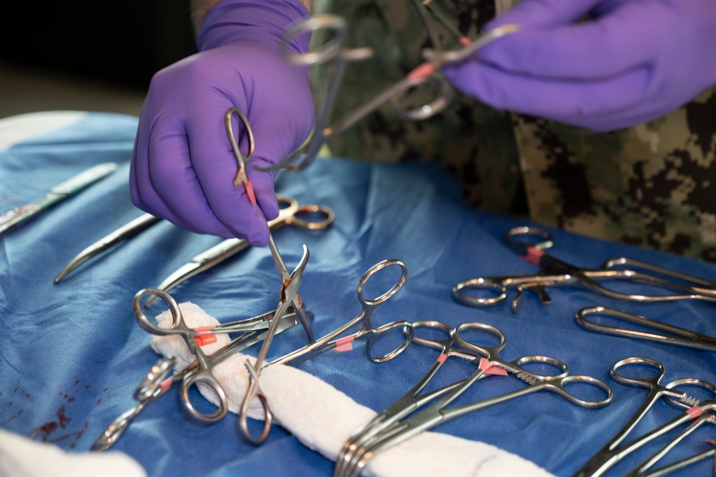 FORT LAUDERDALE, Fla. (July 12, 2025) Chief Hospital Corpsman Bryce Moheit, assigned to Navy Talent Acquisition Group Miami, sorts surgical clamps and scissors for use in a surgery simulation during the "Top Doc" event held at Nova Southeastern University's Fort Lauderdale campus. Navy Medicine and Navy Recruiting Command partnered with NSU to launch “Top Doc,” a national initiative connecting local medical professionals, educators, and students while highlighting Navy Medicine’s capabilities and career opportunities. (U.S. Navy Photo by Mass Communication Specialist 1st Class Natalia Murillo)