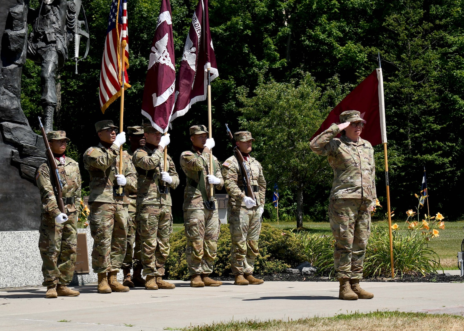 Col. Elizabeth H. Duque, the new commander of the U.S. Army Medical Department Activity (MEDDAC) – Fort Drum, presents a salute in front of the unit’s color guard for the first time as commander during a change of command ceremony at Fort Drum, N.Y., July 18, 2025.
