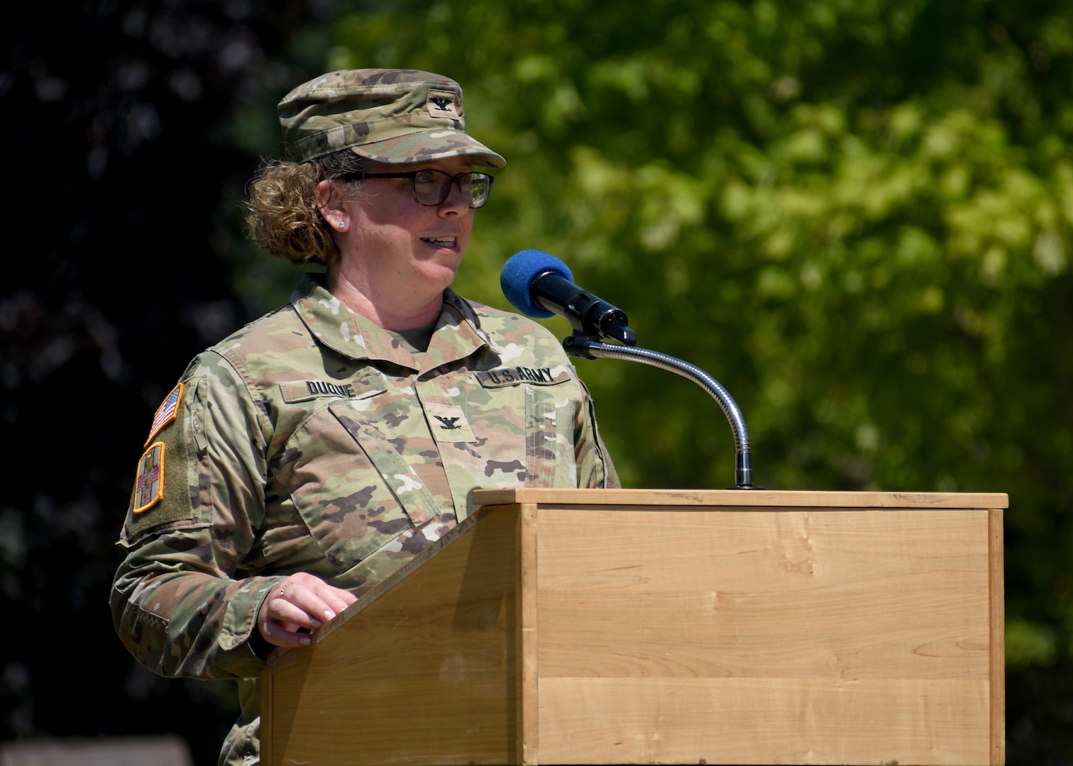 Col. Elizabeth H. Duque, the new commander of the U.S. Army Medical Department Activity (MEDDAC) – Fort Drum, speaks to attendees during a change of command ceremony at Fort Drum, N.Y., July 18, 2025.