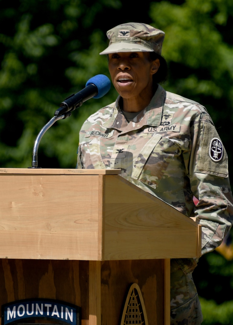 Col. Christina M. Buchner, outgoing commander of the U.S. Army Medical Department Activity (MEDDAC) – Fort Drum, speaks to attendees during a change of command ceremony at Fort Drum, N.Y., July 18, 2025.