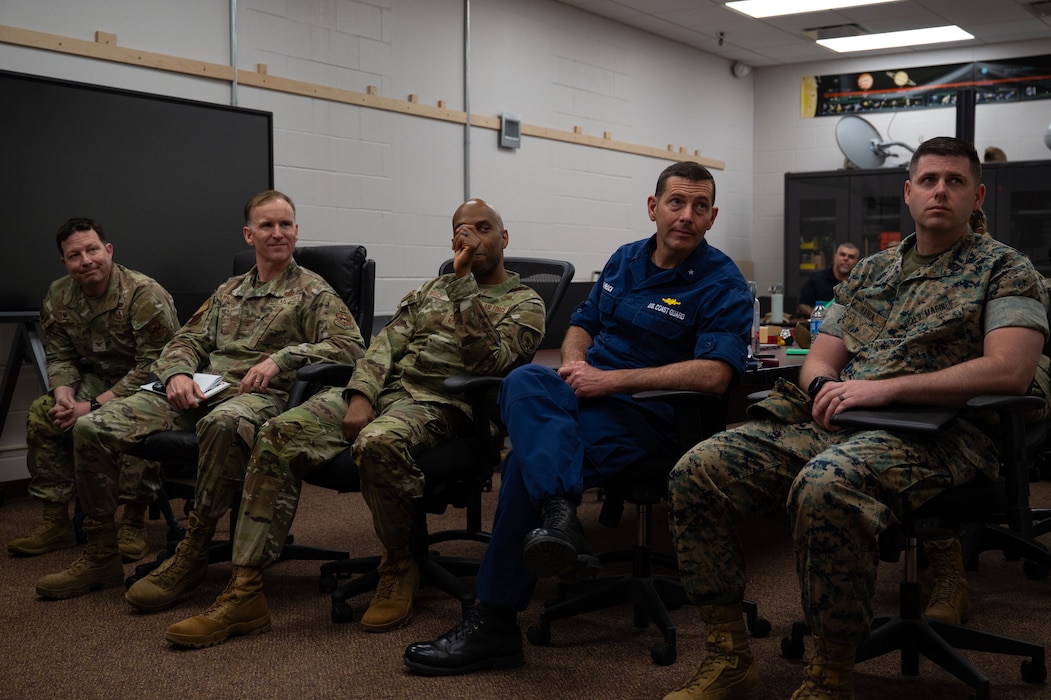 Members from U.S. Cyber Command, National Security Agency and 17th Training Wing Leadership are briefed on the 9S100 Applied Data Analysis course at the Louis F. Garland Department of Defense Fire Academy, Goodfellow Air Force Base, Texas, May 20, 2025. The brief was given to spread awareness of the 9S100 Reporting Identifier’s data analysis training and capabilities, while showcasing the evolution of the career field as they continue to adapt to the changes of how data is collected and utilized. (U.S. Air Force photo by Airman 1st Class Brian Lummus)