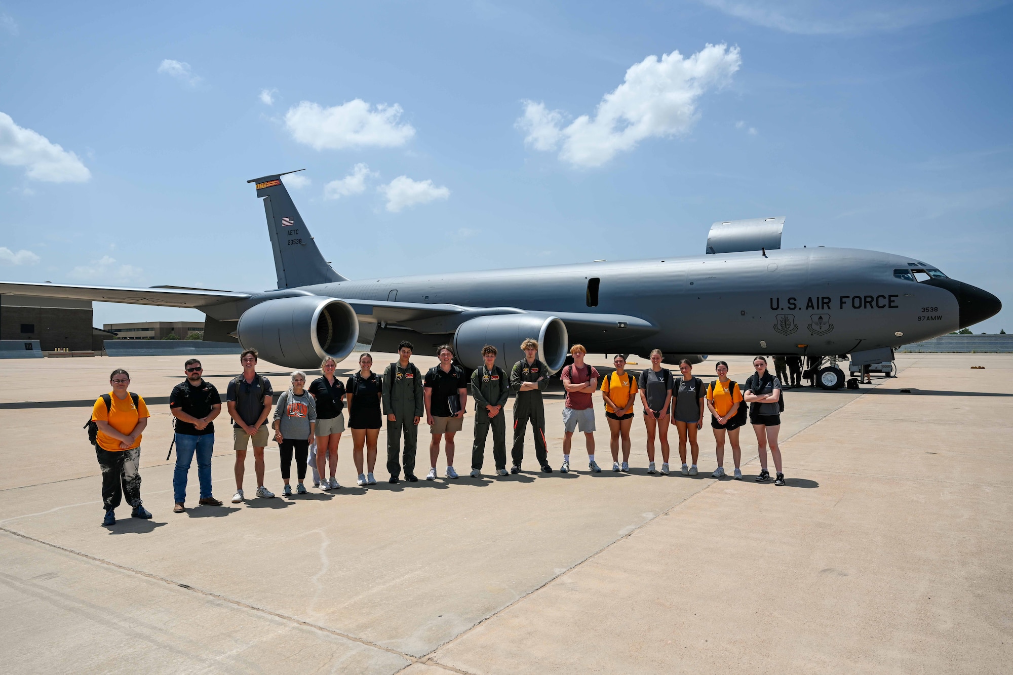 Aim High Flight Academy (AHFA) students gather for a photo at Altus Air Force Base, Oklahoma, July 17, 2025. The AHFA introduces students to Air Force aviation careers and offers up to 15 flight hours during the program. (U.S. Air Force photo by Airman 1st Class Jonah Bliss)