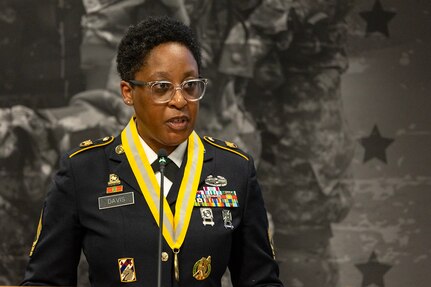 Master Sgt. Candace M. Davis, U.S. Army Financial Management Command Operational Support Team senior financial management systems instructor, delivers remarks during her retirement ceremony at the Maj. Gen. Emmett J. Bean Federal Center April 11, 2025. A native of Augusta, Georgia, Davis enlisted in the Army as a financial management specialist in October 2002. (U.S. Army photo by Mark R. W. Orders-Woempner)