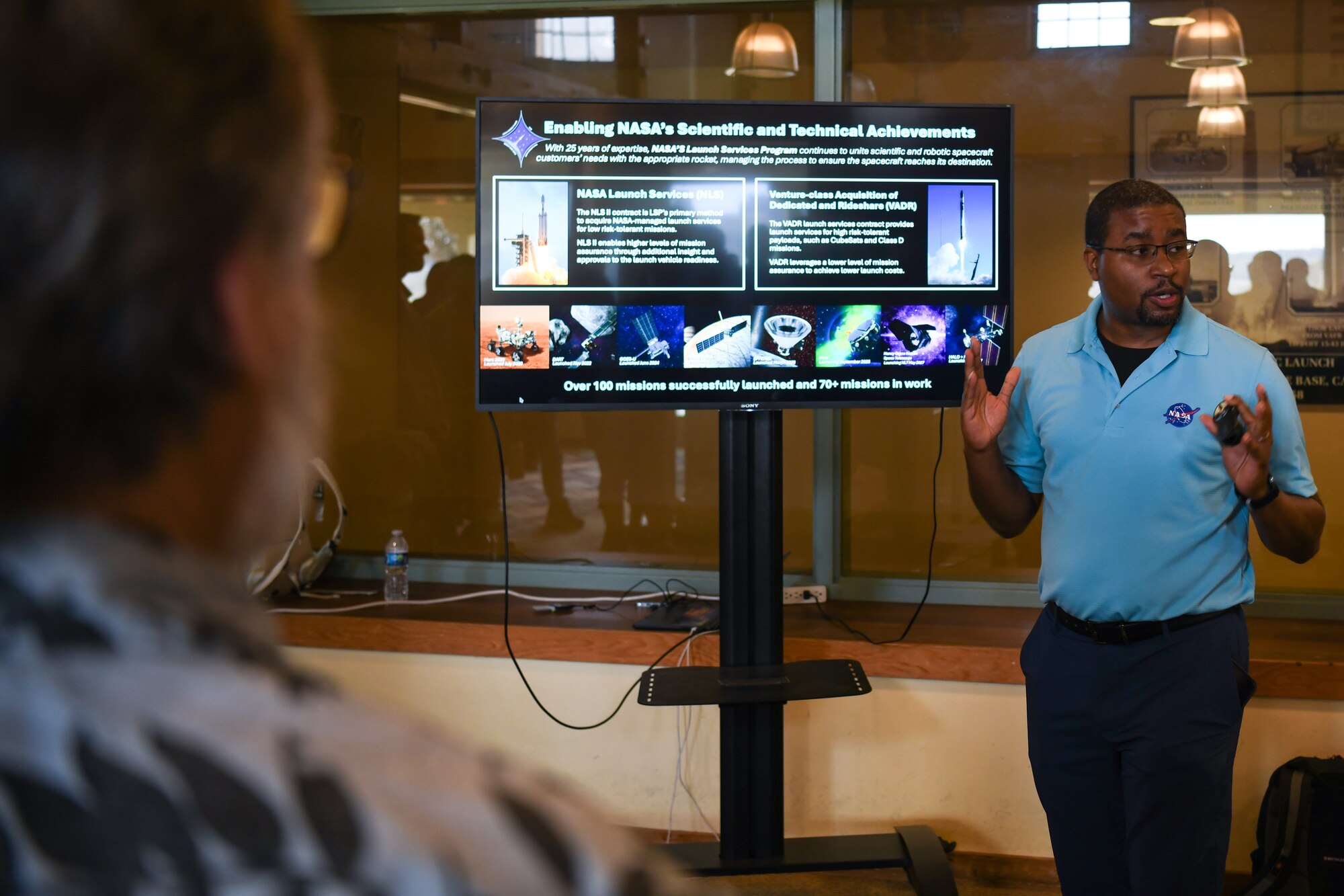 Norman Phelps, NASA Launch Services Program mission manager, conducts a mission brief for NASA’s Tandem Reconnection and Cusp Electrodynamics Reconnaissance Satellites (TRACERS) mission at the Vandenberg Space Force Base Space and Missile Technology Center, Calif., July 21, 2025