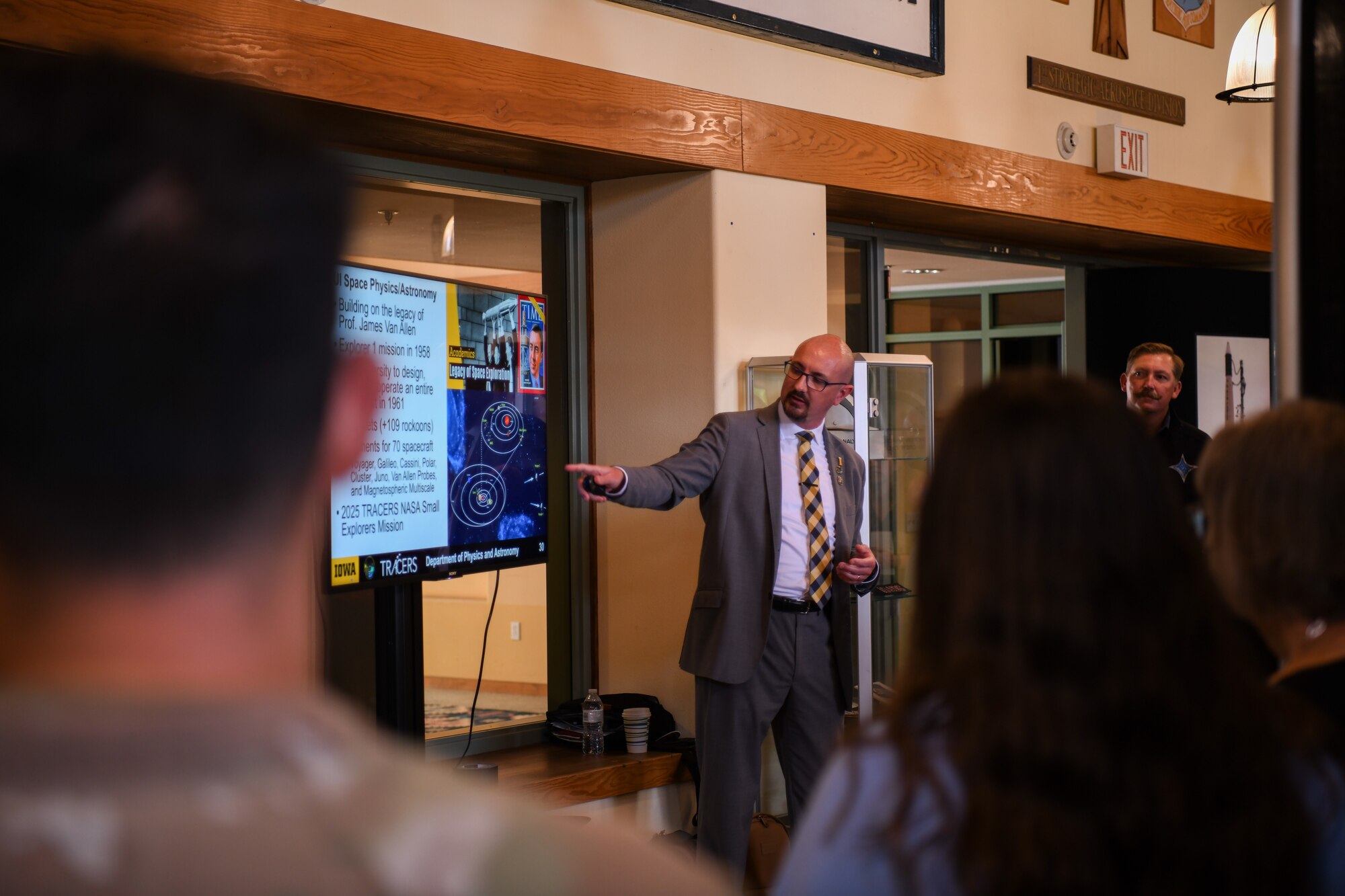 Dr. David Miles, Tandem Reconnection and Cusp Electrodynamics Reconnaissance Satellites (TRACERS) principal investigator and University of Iowa astrophysicist, conducts a mission brief at the Vandenberg Space Force Base Space and Missile Technology Center, Calif., July 21, 2025