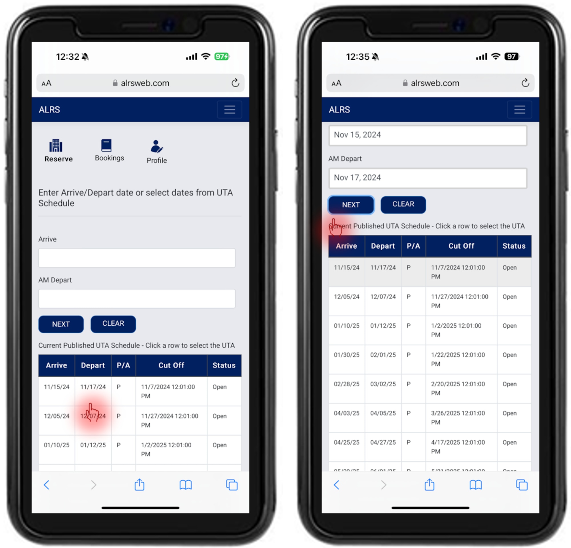 The image shows two mockups of a touch screen phone. The image of the phone is the home screen of the new ALRS web interface. The image has red pointer fingers showing members where to click to book a reservation.