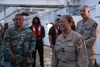 PUERTO PLATA, Dominican Republic (July 20, 2025) Capt. Grace Key, commanding officer, USNS Comfort Medical Treatment Facility, says goodbye to the Dominican Republic medical team as they depart the Mercy-class hospital ship USNS Comfort (T-AH 20) off the coast of Puerto Plata, Dominican Republic during Continuing Promise 2025, July 20, 2025. Continuing Promise 2025 is the 16th iteration of the U.S. 4th Fleet/U.S. Naval Forces Southern Command-led mission since 2007, which aims to foster goodwill, strengthen existing partnerships with partner nations, and form new partnerships between host nations, non-federal entities, and international organizations. (U.S. Navy photo by Mass Communication Specialist 2nd Class Rylin Paul)