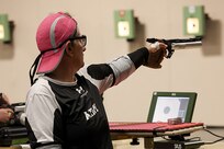 U.S. Army Master Sgt. Jodi Pyle-Vandersys participates in the precision air event (air pistol) during the 2025 Department of Defense Warrior Games at Colorado Springs, Colorado, July 20, 2025.