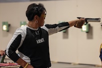 U.S. Army Chief Warrant Officer 4 Joann Tsuhako participates in precision air event (air pistol) during the 2025 Department of Defense Warrior Games at Colorado Springs, Colorado, July 20, 2025.