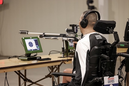 U.S. Army Capt. Luis Avila participates in the precision air event (air rifle) during the 2025 Department of Defense Warrior Games at Colorado Springs, Colorado, July 20, 2025.