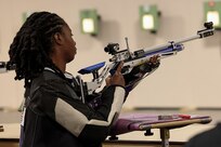 U.S. Army 1st Lt. Jani Merritt settles down in a shooting position  at precision air event (air rifle) during the 2025 Department of Defense Warrior Games at Colorado Springs, Colorado, July 20, 2025.