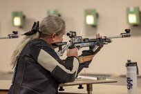 U.S. Army Maj. Amanda Feindt takes aim at her target during the precision air event (air rifle) during the 2025 Department of Defense Warrior Games at Colorado Springs, Colorado, July 20, 2025.