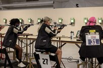 U.S. Army 1st Lt. Jani Merritt , left, Maj. Amanda Feindt, center, and Master Sgt. Jodi Pyle-Vandersys, right, participate in the precision air event (air rifle) during the 2025 Department of Defense Warrior Games at Colorado Springs, Colorado, July 20, 2025.