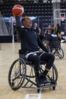 U.S. Army Capt. Carlos Rivera practices layups before a wheelchair basketball game during the 2025 Department of Defense Warrior Games at Colorado Springs, Colorado, July 20, 2025.