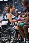 U.S. Army Retired Spc. Avery Short gets her hands wrapped before a wheelchair basketball game during the 2025 Department of Defense Warrior Games at Colorado Springs, Colorado, July 20, 2025.